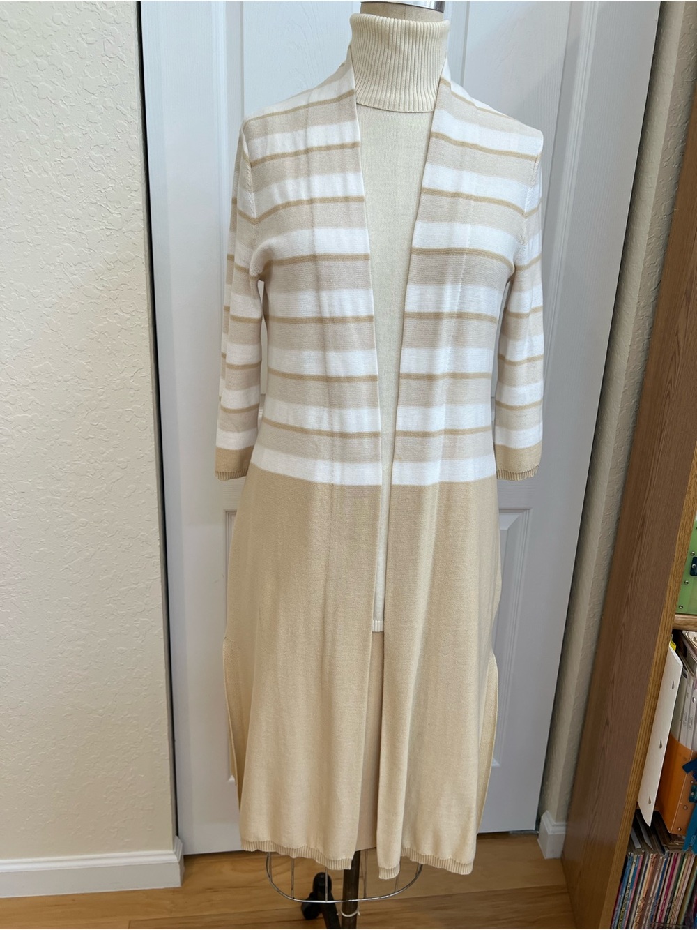 3 ps set Beige and White Long Cardigan with matching sleeveless sweater & skirt